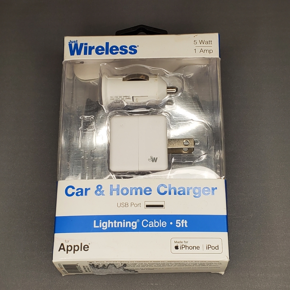 Just Wireless 5 Watt Car & Home Charger USB port Lighinting cable 5ft for Apple